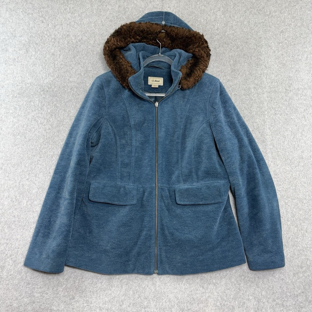 L. L. Bean Wool Blend Jacket Coat Womens Large Hooded Full Zip Blue Fur Trim